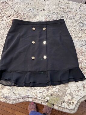 Karl Lagerfeld Black Double-Breasted Ruffle-Hem Skirt with Gold Buttons